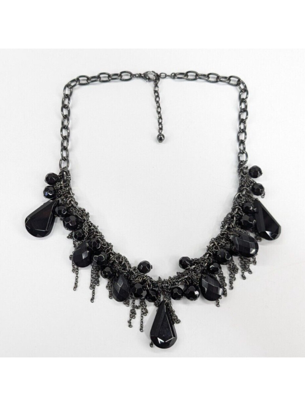 Black Faceted Glass Beaded Dangle Chain Fringe Adjustable 18" Necklace Goth